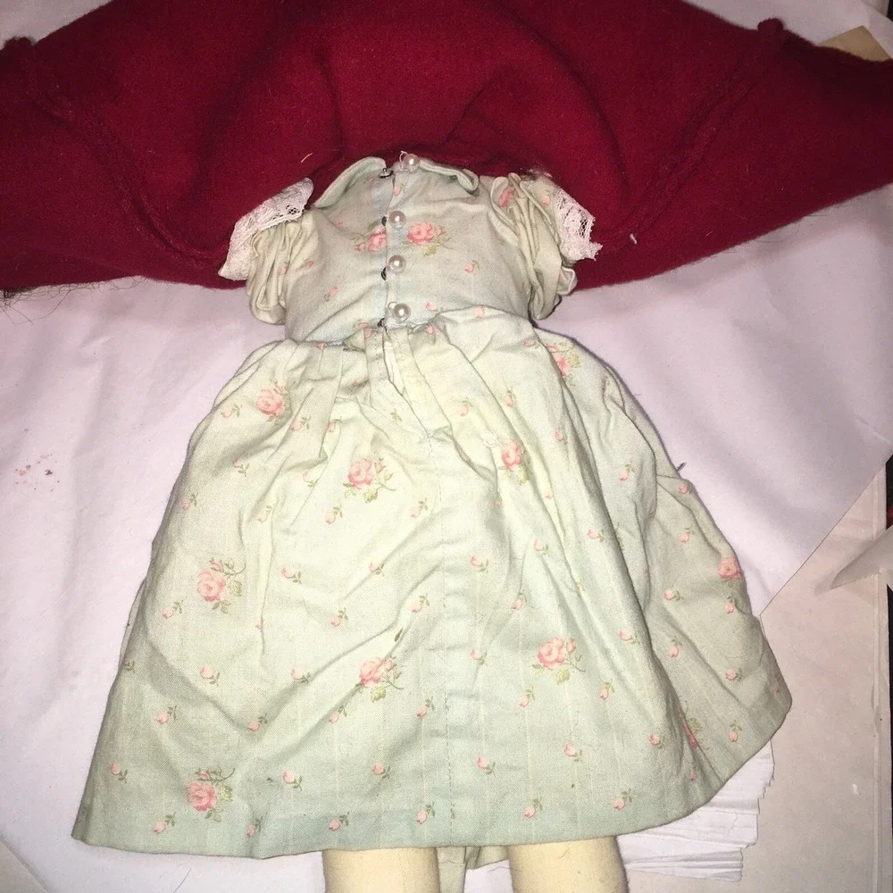 Cloth Doll Red Wool Coat Vintage Handmade Cross Stitched Face